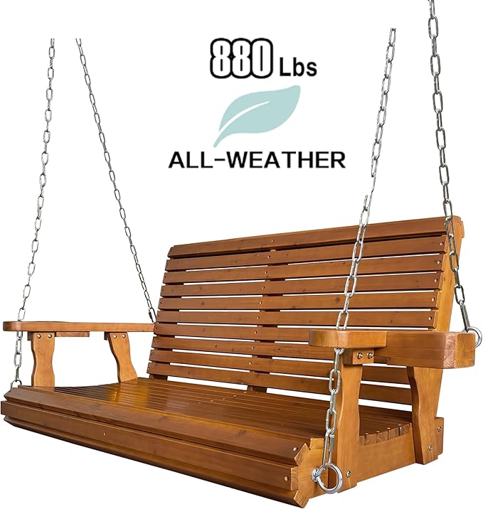 Wooden Porch Swing 2-Seater, High Backrest and Deep Seat, Bench Swing with Cupholders, Hanging Chains and 7mm Springs - Photo 4