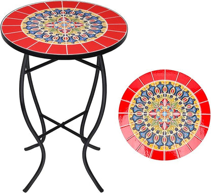VCUTEKA Mosaic Outdoor Side Table, 14" Round Small Patio Accent Table Indoor End Table for Yard, Garden, Living Room, Bistro Balcony or Lawn Red