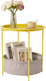 VECELO Round Side/End Table with Fabric Storage Basket，Metal Anti-Rust and Waterproof Small Bedside Nightstand with - Photo 1