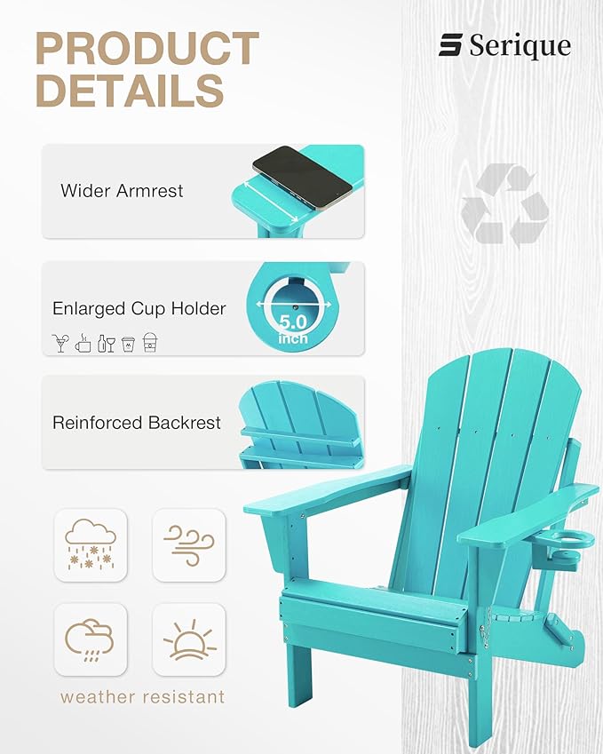 Folding Adirondack Chair, Patio Chair Wood Texture, Outdoor Chair Weather Resistant, Fire Pit Chair with Cup Holder, Composite Adirondack Chair Set of 2(Lake Blue)