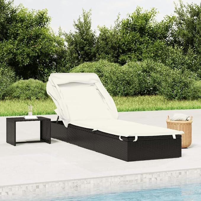 Sunbed Black Poly Rattan 83.9 in x 24.8 in x 38.2 Foldable Outdoor Chaise Lounge Garden Chair for Gardens backyards - Photo 1