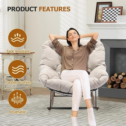 Outdoor Rocking Chair, 400 lbs Sturdy Frame with Thick Cushion,Patio Papasan Chair for Bedroom, Living Room, Porch, Garden(Beige)