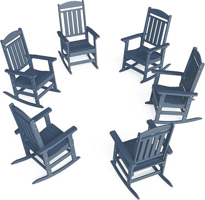 FOOWIN Outdoor Rocking Chair Set of 6, High Back Patio Rocking Chair, HDPE All Weather Resistant Porch Rocker for Adult, Oversized Rocking Chairs for Garden, Lawn, Indoor & Outdoor Use, Navy Blue