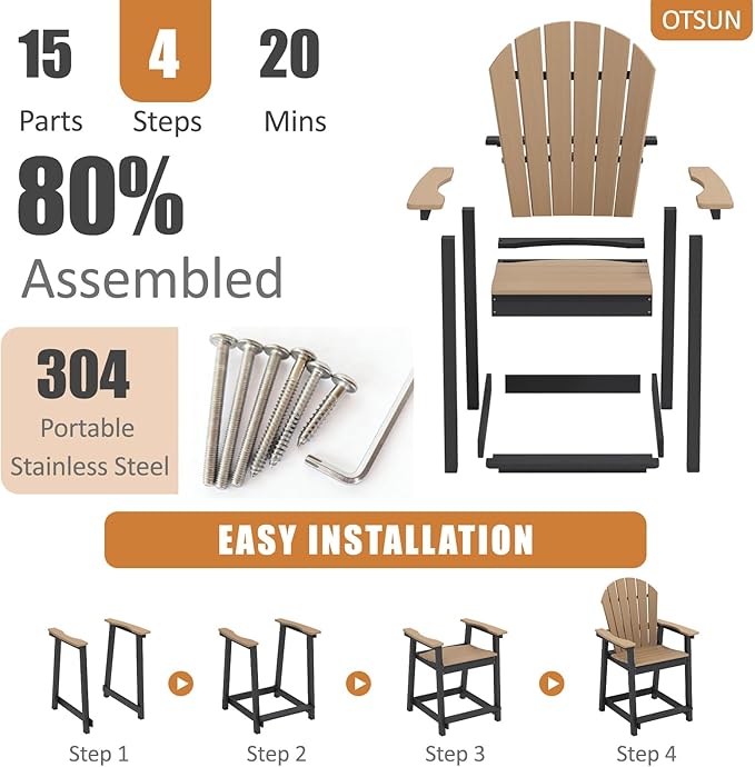 OTSUN Tall Modern Adirondack Chair, All Weather HDPE Bar Height Adirondack Stools Widened Durable Design for Porch Patio Yard Lawn Fire Pit Bistro Basement Indoors & Outdoors