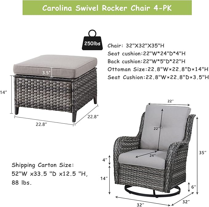 Rilyson Wicker Patio Furniture Set - 4 Piece Rattan Outdoor Sectional Conversation Sets with 2 Swivel Rocking Chairs - Photo 2