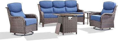 Luxury Patio Furniture Set with 6-inch Thick Cushion, Outdoor Furniture with Fire Pit Table, Swivel Chairs, Side Table, Sofa, 5pcs Wicker Conversation Set for Deck Yard and Poolside(Blue)