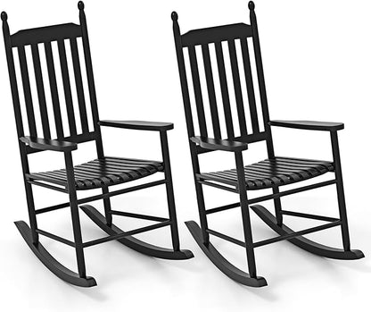 Giantex Outdoor Rocking Chair Set of 2, All Weather Patio Rocker w/Solid Rocking Base & High-Back, Slatted Seat & Back, Acacia Wood Porch Rocker, Wooden Patio Rocking Chair for Poolside, Black
