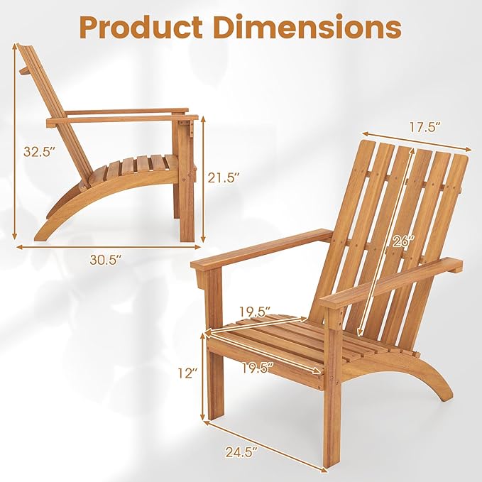 Giantex Adirondack Chairs Set of 2, Acacia Wood Fire Pit Chairs w/Inclined Seat, High Backrest, Ergonomic Outdoor Slatted Patio Chairs for Backyard, Poolside, Lawn, Porch