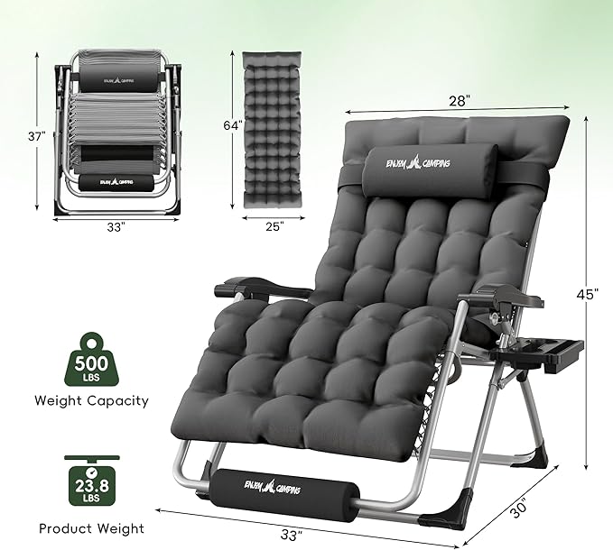 Amopatio Oversized Zero Gravity Padded Chair w/Removable Cushion&Headrest, XXL 33In Reclining Camping Lounge Chair Upgraded Lock and Footrest, Folding Patio Recliner for Indoor Outdoor, Dark Grey