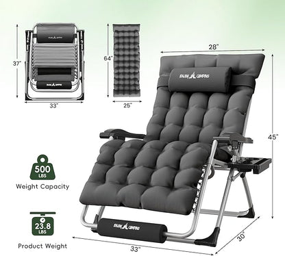 Amopatio Oversized Zero Gravity Padded Chair w/Removable Cushion&Headrest, XXL 33In Reclining Camping Lounge Chair Upgraded Lock and Footrest, Folding Patio Recliner for Indoor Outdoor, Dark Grey