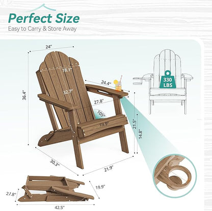 Foldable HDPE Adirondack Chairs Set of 2, Garden, Lawn, Backyard, All-Weather Outdoor Furniture, Hidden Cup Holder, Brown