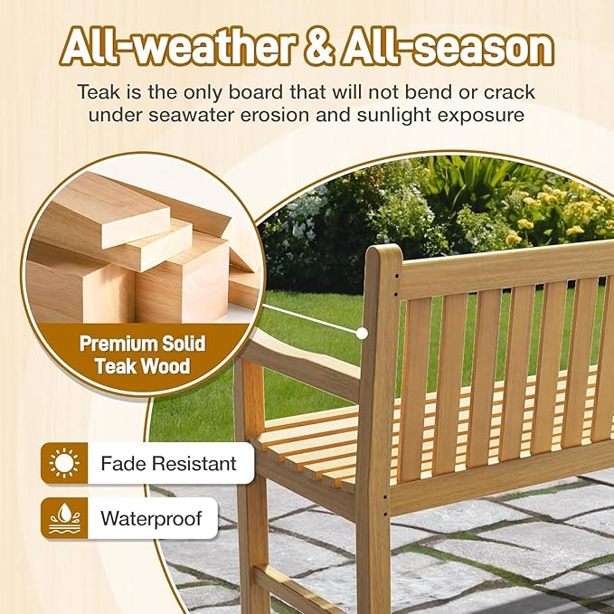 OTSUN Teak Bench Outdoor, 2-Person Wood Garden Bench with 800lb Capacity All-Weather Durable Fade-Resistant, Suitable for Courtyard Lawn Park Porche Backyard Patio & Deck