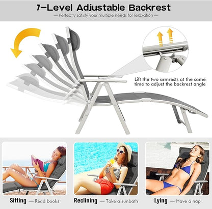 Giantex Chaise Lounge Chair for Outside, Pool Folding Reclining Beach Chair W/Removable Cushion&Headrest Pillow, Outdoor Lounge Chaise w/ 7 Backrest Positions, Portable Patio Lounger (2, Grey)