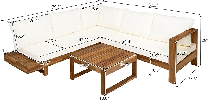 Acacia Wood 4pc Outdoor Sectional Sofa Set with Cushions and Slatted Design - Modern Patio, Deck & Garden Seating for Ultimate Comfort