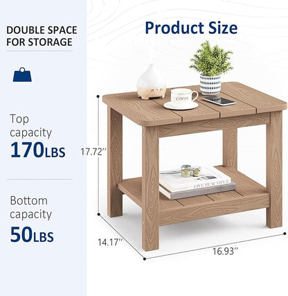 18" Outdoor Side Table, 2-Tier Patio Side Table, Weather Resistant, Easy Assembled, HIPS Adirondack Side Table for Backyard, Pool, Indoor, Teak
