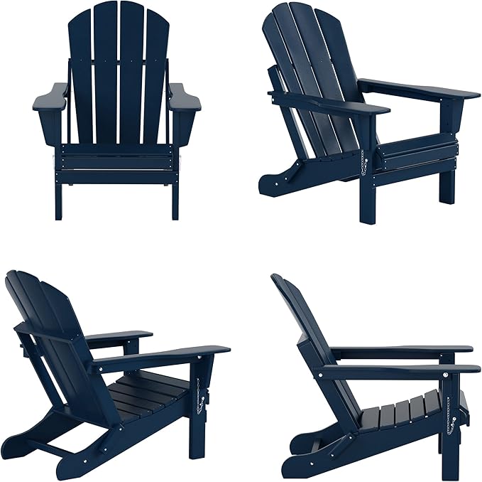 WestinTrends Malibu Outdoor Lounge Chair, 2-Pieces Adirondack Chair Set with Ottoman, All Weather Poly Lumber Patio Lawn Folding Chairs for Outside Pool Garden Backyard Beach, Navy Blue