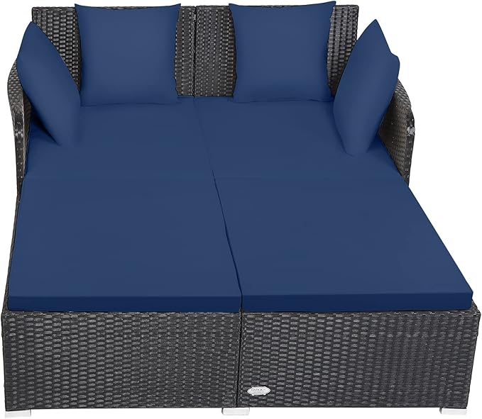 Tangkula Outdoor Rattan Daybed, Sunbed Wicker Furniture w/Spacious Seat, Upholstered Cushion & High-Resilience Sponge - Photo 9