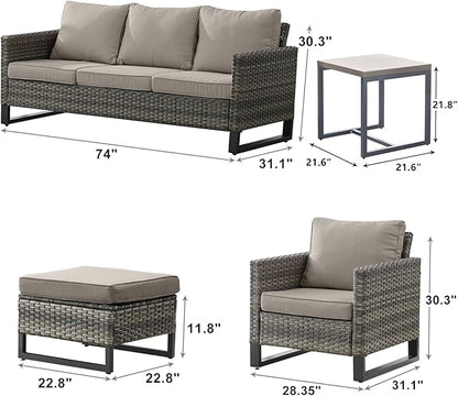 Rilyson Wicker Outdoor Patio Furniture Set - 6 Piece Patio Conversation Set with 2 Armrest Chairs,2 Rattan Ottoman,1 Couch and 1 Metal Side Table for Outside Porch Deck Backyard(Mixed Grey/Grey)