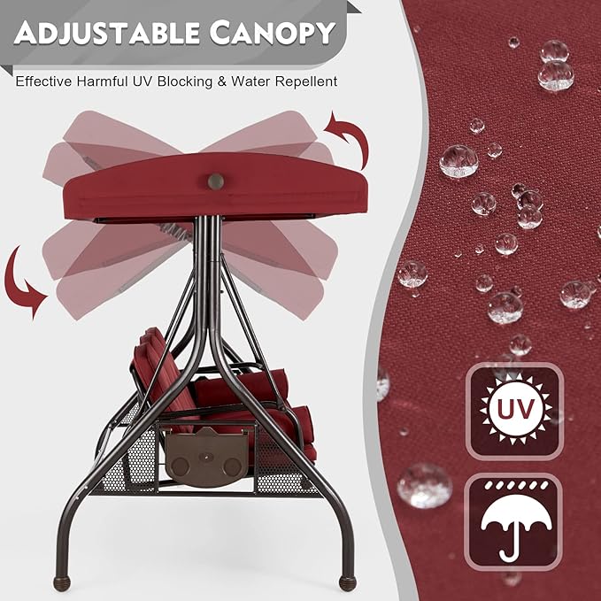 HOMREST 3 Seat Outdoor Porch Swing with Adjustable Canopy, Convertible Patio Swing Bed with Stand - Photo 2