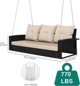 YITAHOME 3-Seats Outdoor Hanging Porch Swing Chair Rattan Black Wicker Patio Swing Chair with Swing Lounge 3 Light - Photo 2