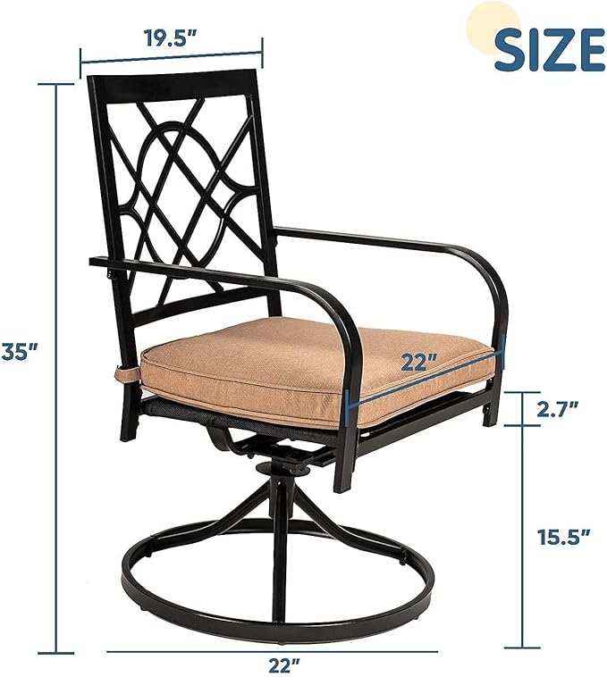 SUNCROWN Outdoor Dining Swivel Chairs Set of 2, Metal Frame Patio Chair Rocker with Brown Cushion for Garden, Bistro, Backyard, Balcony