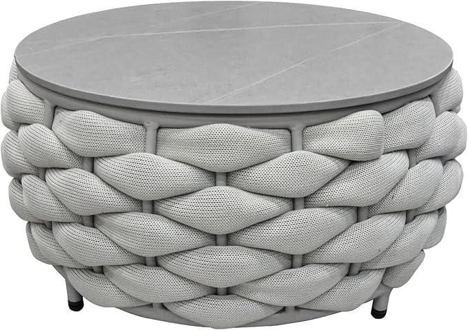 TWT Outdoor Coffee Table Round Centerpiece Table, Lightweight Accent Table with Hand Woven Rope Decor for Garden and Patio(Polyester Rope, Light Grey)
