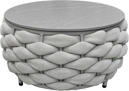 TWT Outdoor Coffee Table Round Centerpiece Table, Lightweight Accent Table with Hand Woven Rope Decor for Garden and Patio(Polyester Rope, Light Grey)