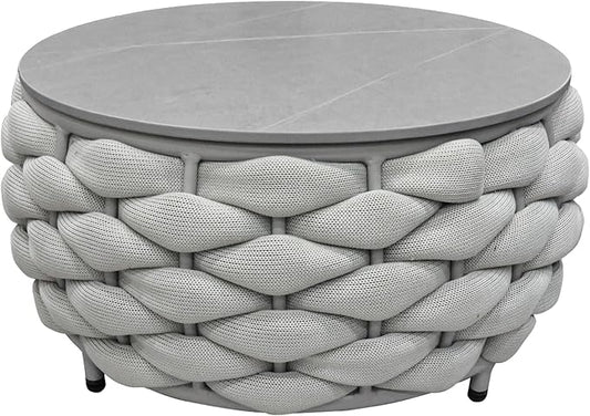 TWT Outdoor Coffee Table Round Centerpiece Table, Lightweight Accent Table with Hand Woven Rope Decor for Garden and Patio(Polyester Rope, Light Grey)