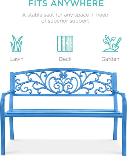 Best Choice Products Outdoor Bench Steel Garden Patio Porch Furniture for Lawn, Park, Deck w/Floral Design Backrest, Slatted Seat - Ocean Blue