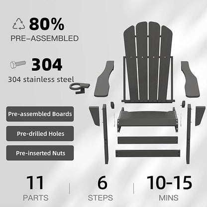 Domi Folding Adirondack Chairs Set of 4, HDPE All-Weather Outdoor Chairs with Cup Holder, Wooden Textured Fire Pit Chairs for Backyard, Patio, Poolside & Deck, Grey