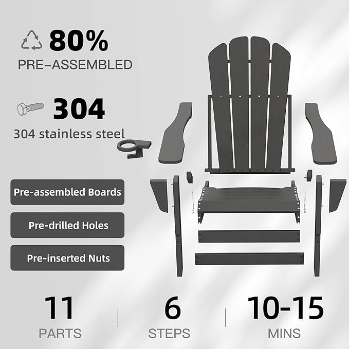 Domi Folding Adirondack Chair, HDPE All-Weather Outdoor Chair with Cup Holder, Wooden Textured Fire Pit Chair for Backyard, Patio, Poolside & Deck, Grey