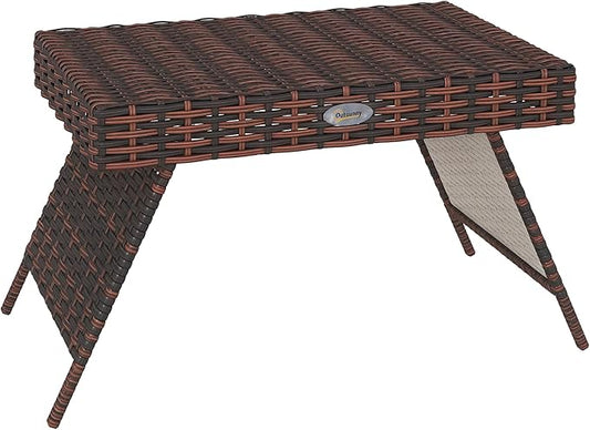 Outsunny Folding Rattan Side Table, Outdoor End Table, Hand Woven PE Rattan Coffee Table for Balcony, Backyard, Garden, Lawn, Courtyard, Brown