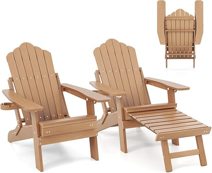 Giantex Folding Adirondack Chair, All-Weather Lounge Chair with Adjustable Backrest, Retractable Ottoman, Cup Holder, HIPS Fire Pit Chair for Lawn, Pool, Patio, Porch (2, Brown)