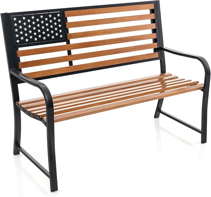 Tangkula 50” Outdoor Garden Bench, 2-Person Metal Patio Chair with Flag Pattern Backrest & Rustic Wood Grain Finish, Patriotic Bench with Arms for Porch, Deck, Park, Brown & Black