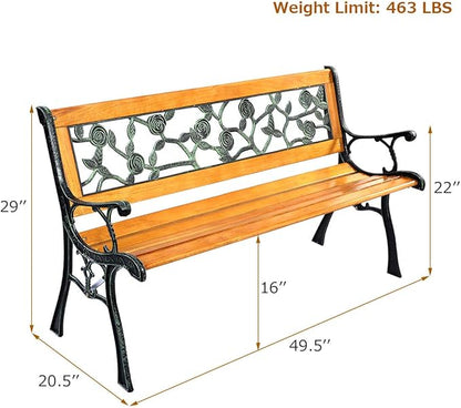 Giantex 50'' Patio Park Garden Bench, Outdoor Furniture Rose Cast Iron Hardwood Frame Porch Loveseat for 2 Person Outdoor Clearance