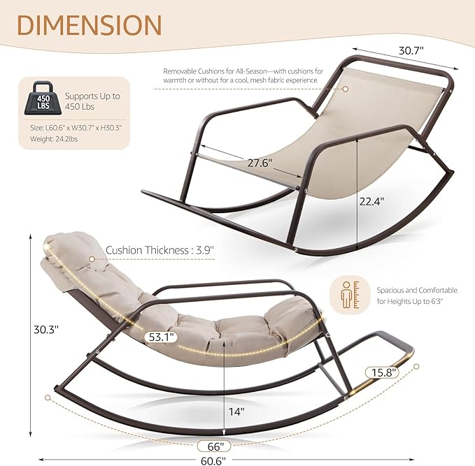 NICESOUL Papasan Rocking Chair with Footrest, Outdoor Rocking Chair with Cushion, Oversized Patio Rocker, Recliner-Style Comfort, Heavy Duty Steel Frame, Indoor Balcony Backyard, Beige