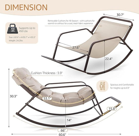 NICESOUL Papasan Rocking Chair with Footrest, Outdoor Rocking Chair with Cushion, Oversized Patio Rocker, Recliner-Style Comfort, Heavy Duty Steel Frame, Indoor Balcony Backyard, Beige