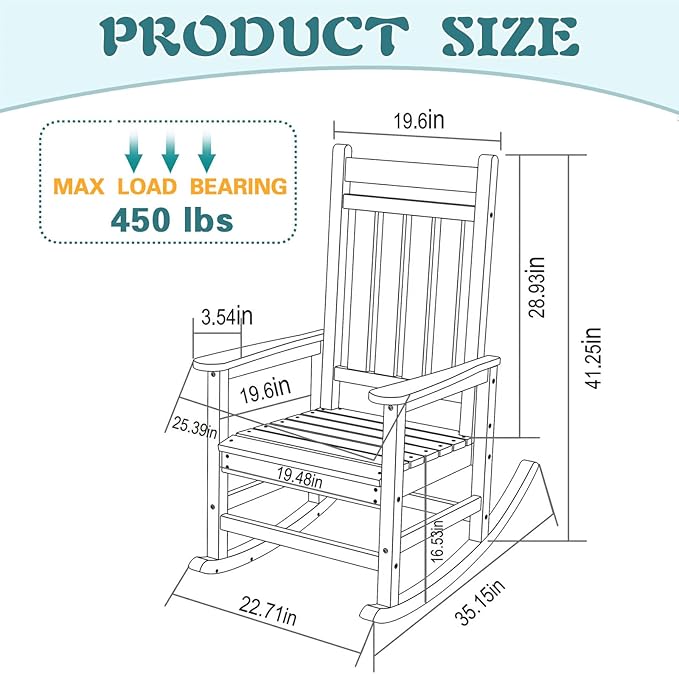 Outdoor Rocking Chair for Adults, High Back Patio Rocking Chair, HDPE All Weather Resistant Porch Rocker for Lawn, Porch, Backyard, Indoor and Garden (Black)