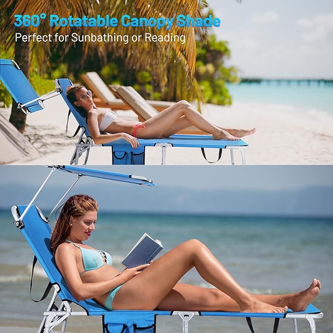 Giantex Outdoor Folding Chaise Lounge, Portable Tanning Chair with 5 Adjustable Positions, 360°Rotatable Canopy Shade - Photo 8