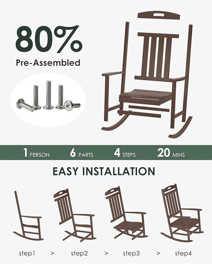 Outdoor Rocking Chair, All-Weather Resistant Poly Lumber Rocker Chair Outdoor, High Back Plastic Patio Rocking Chairs for Outside Porch Rocker Garden Lawn, Mahogany