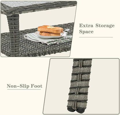 Wicker Outdoor Coffee Table - 40 Inch Tempered Glass Top Patio Coffee Table with Storage, 2 Layers Rattan Outdoor Table Rectangle for Patio for Porch, Balcony, Deck and Garden - Gray