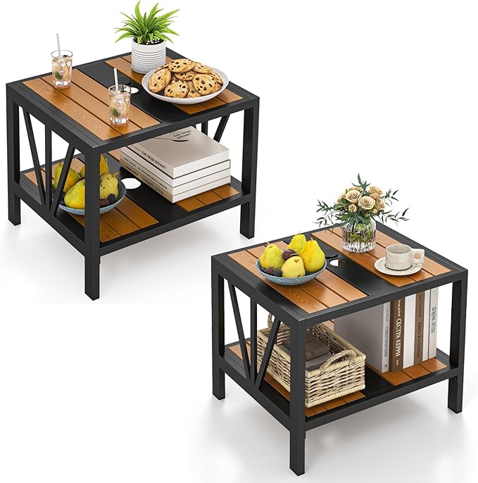 Tangkula Outdoor Side Table with 1.57” Umbrella Hole, 2-Tier Patio Metal End Table with Storage Shelf, Small Bistro Coffee Table for Porch, Balcony, Garden and Backyard (2)