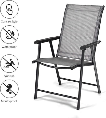 Giantex Set of 4 Folding Patio Chairs, Outdoor Portable Dining Chairs for Garden Camping Poolside Beach Deck Lawn, 4-Pack Sling Armchairs, Metal Frame, Grey