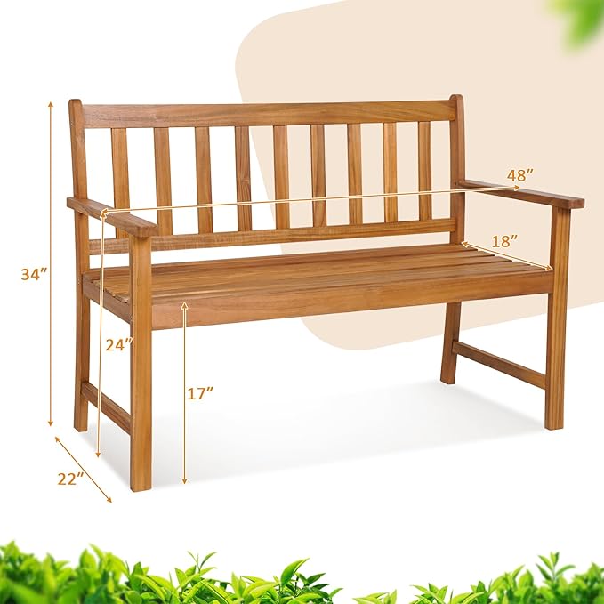 RELAX4LIFE Outdoor Bench Acacia Wood - 2-Person Garden Bench w/800 Lbs Weight Capacity, Slatted Wooden Loveseat w/Backrest & Armrests, Patio Park Chair for Front Porch Poolside Park Backyard (48'')
