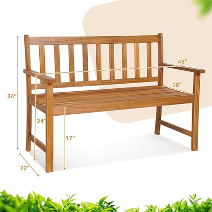 RELAX4LIFE Outdoor Bench Acacia Wood - 2-Person Garden Bench w/800 Lbs Weight Capacity, Slatted Wooden Loveseat w/Backrest & Armrests, Patio Park Chair for Front Porch Poolside Park Backyard (48'')