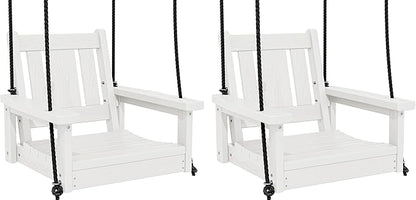 SERWALL HDPE Single Porch Swing Set of 2, Heavy Duty Single Person Swing Chair with 2 Polypropylene Hanging Ropes, Adirondack Hanging Chair for Outdoor Front Porch Patio Garden Yard, White