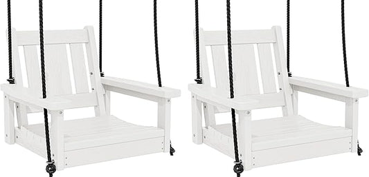 SERWALL HDPE Single Porch Swing Set of 2, Heavy Duty Single Person Swing Chair with 2 Polypropylene Hanging Ropes, Adirondack Hanging Chair for Outdoor Front Porch Patio Garden Yard, White