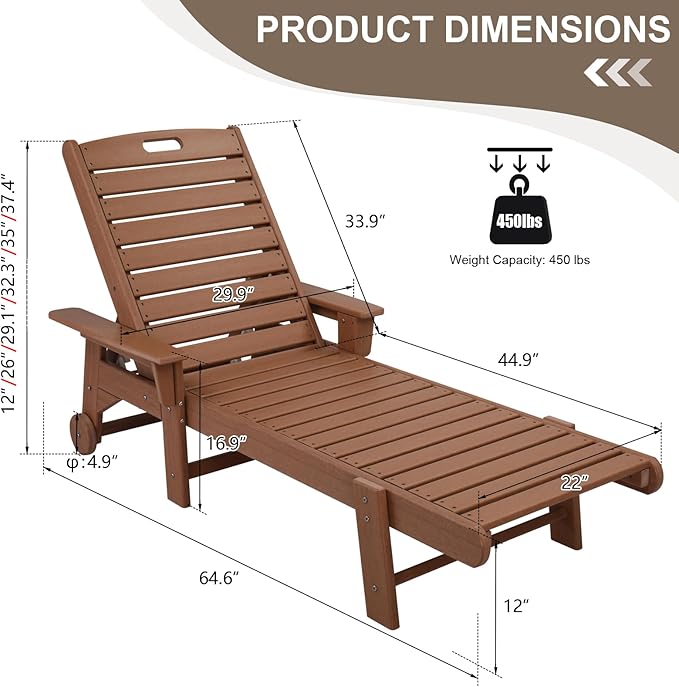 VINGLI HDPE Outdoor Chaise Lounge Chair with Wheels, Patio Lounge Chairs with 5-Position Adjustable Backrest, Chaise Lounge for Outside Pool Poolside Deck Backyard Lawn (Teak)