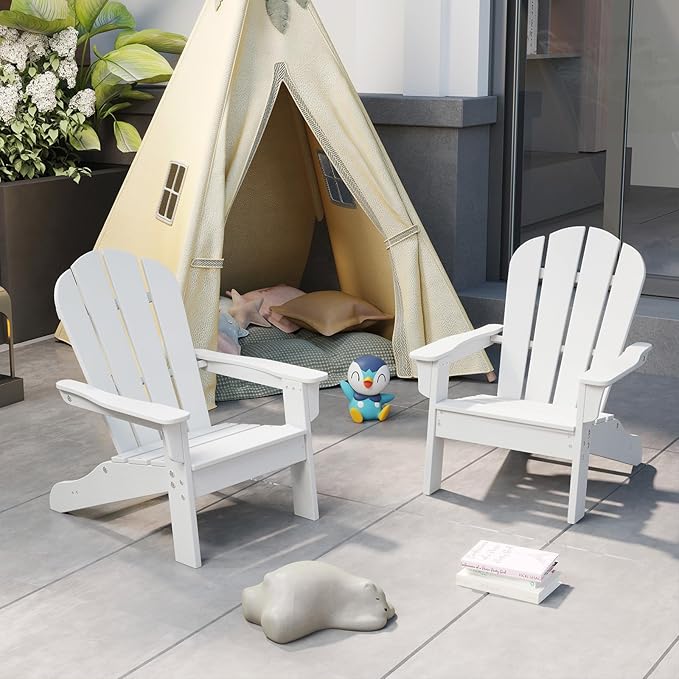 Giantex HDPE Kids Adirondack Chair - All-Weather Lawn Toddler Chair with Ergonomic Design, Children’s Outdoor Chair for Toddlers Ages 3-8, Kid’s Patio Furniture for Deck, Garden (1, White)