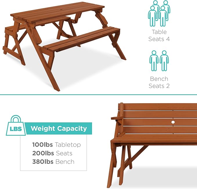 Best Choice Products 2-in-1 Transforming Interchangeable Outdoor Wooden Picnic Table Garden Bench for Backyard, Porch - Photo 6